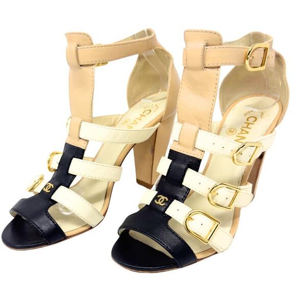 Chanel CC Logo Leather Strappy Gladiator Heels Sandals Black White Gold EU37 - Picture 3 of 11